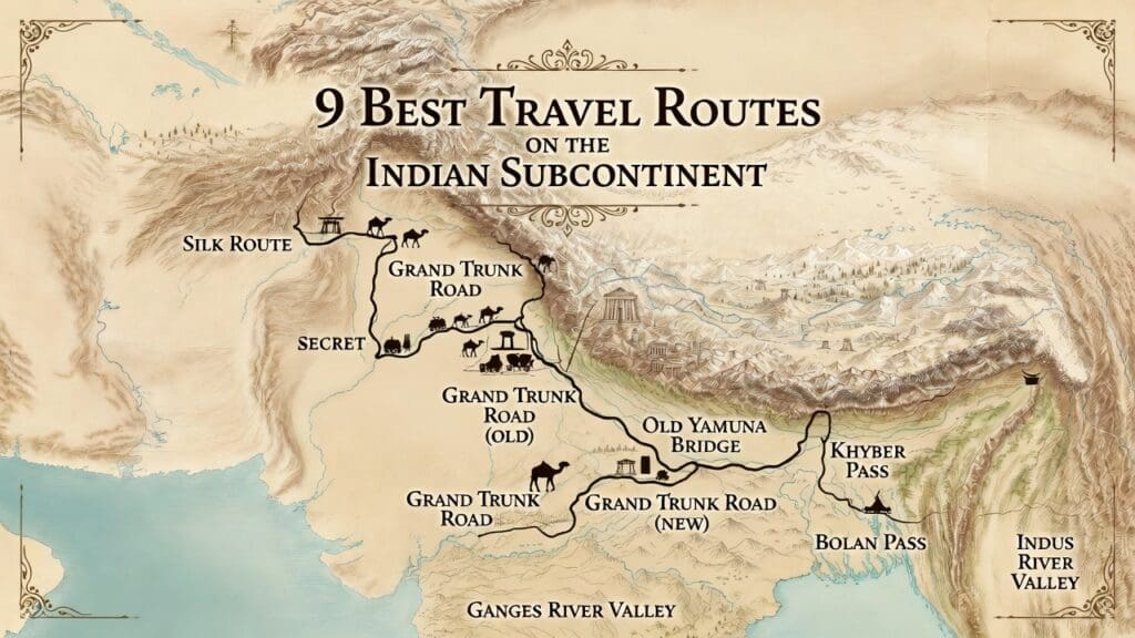 Machen Sie ein Bild mit dem Titel "9 beste Reiserouten auf dem indischen Subkontinent". Es geht um die alte geheime Mappe vom indischen Subkontinent.